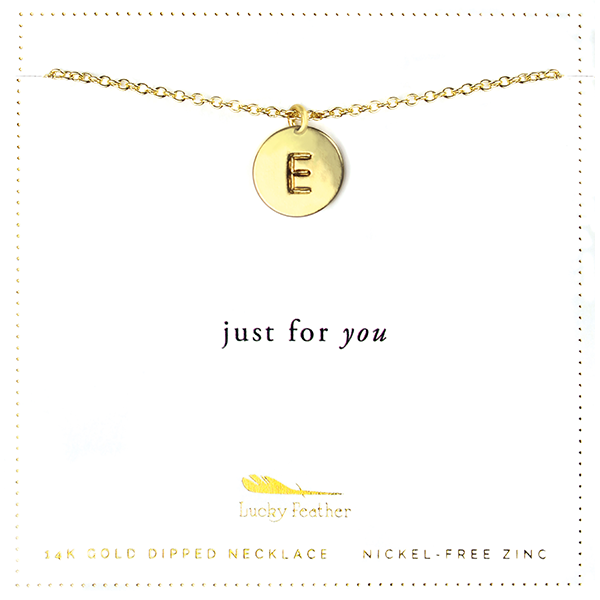 Letter Disc Necklace Gold E Lucky Feather
